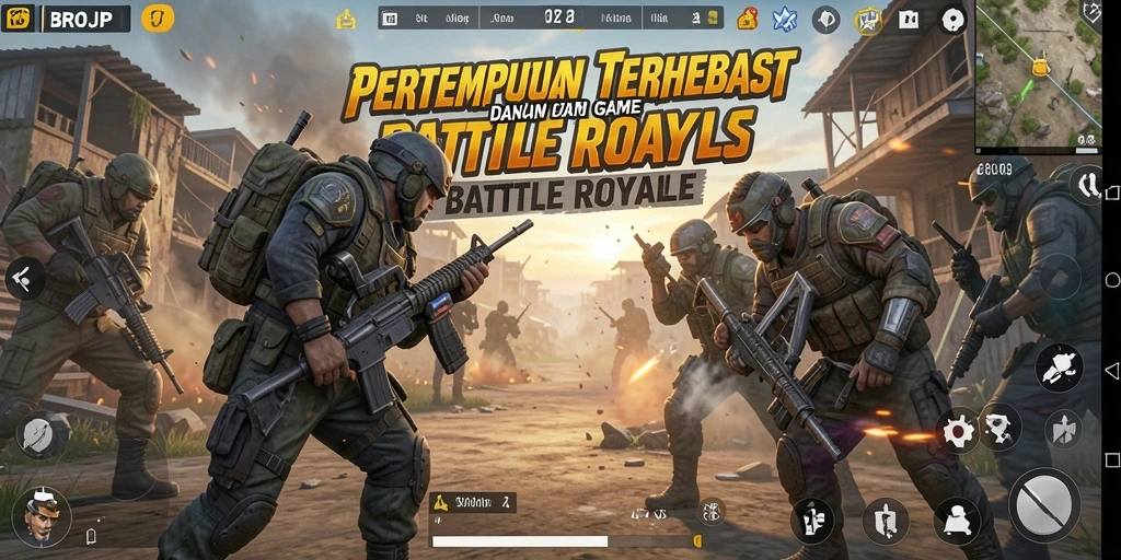 Screenshot gameplay BROJP yang menunjukkan aksi pertarungan Battle Royale yang mendebarkan.