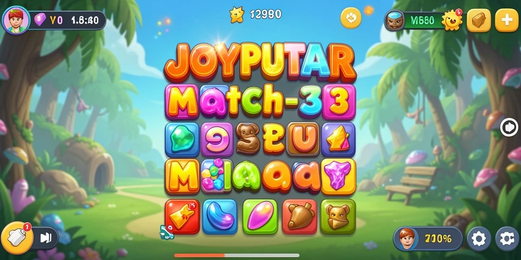 Tampilan gameplay Match-3 penuh warna dan menarik di JOYPUTAR.