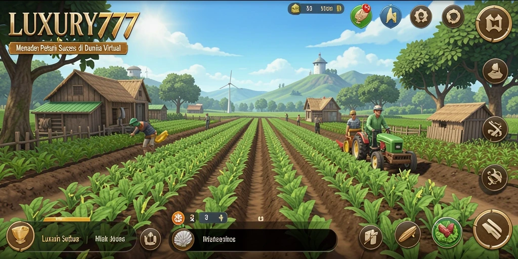 Screenshot gameplay LUXURY777 dengan aktivitas bertani yang asyik.