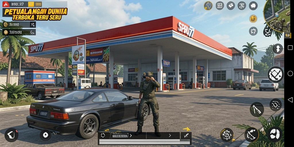 Tampilan gameplay SPBU77 dalam dunia terbuka yang menawan.