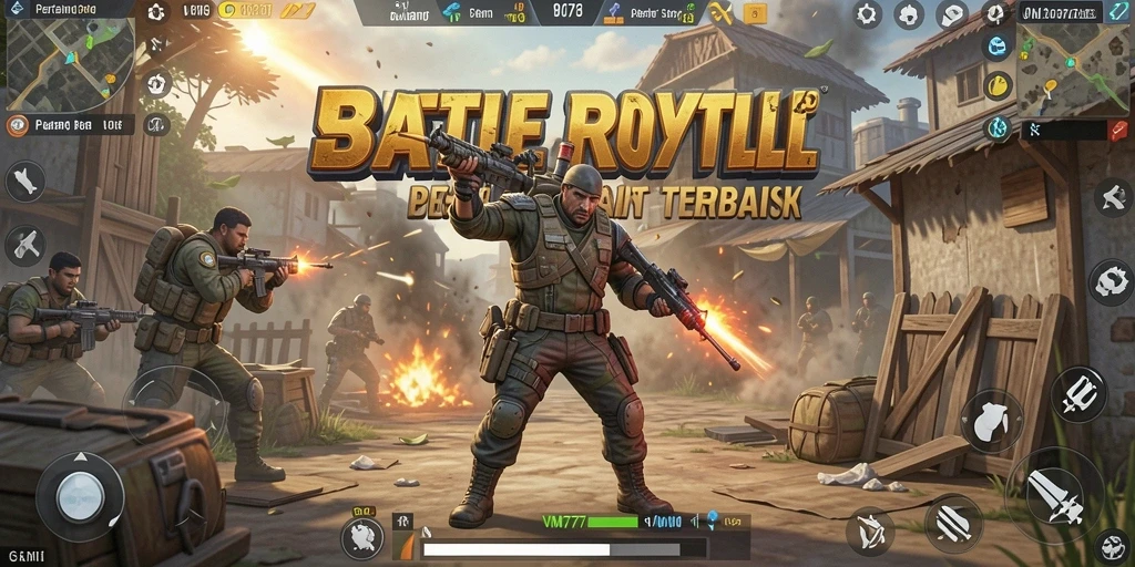 Tangkapan layar utama VM777 menampilkan aksi intens di medan perang Battle Royale.